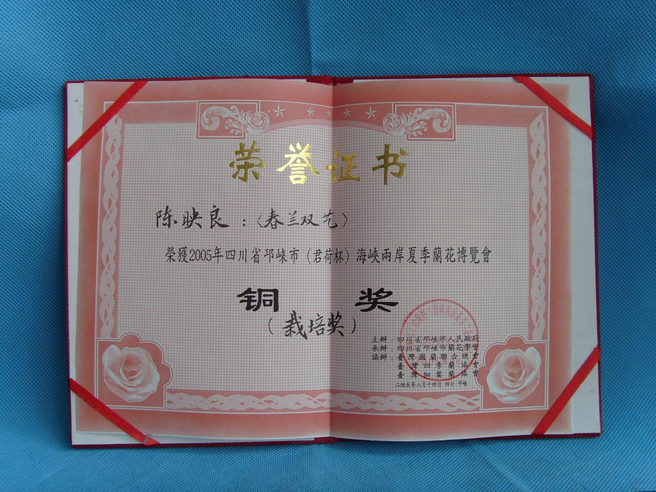 2006年四川省邛崃市（君荷）海峡两岸夏季兰花博览会-春兰双艺-铜奖（栽培奖）